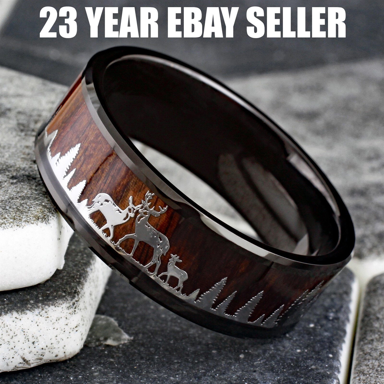 Black Tungsten Men's Ring Deer Family Forest Scenery Wood Wedding Band