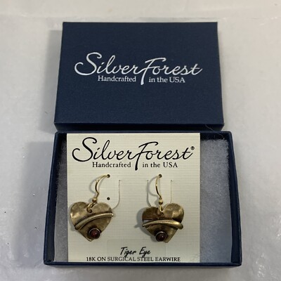 New SILVER FOREST Handcrafted Dangle Heart Earrings Tiger Eye Box Card
