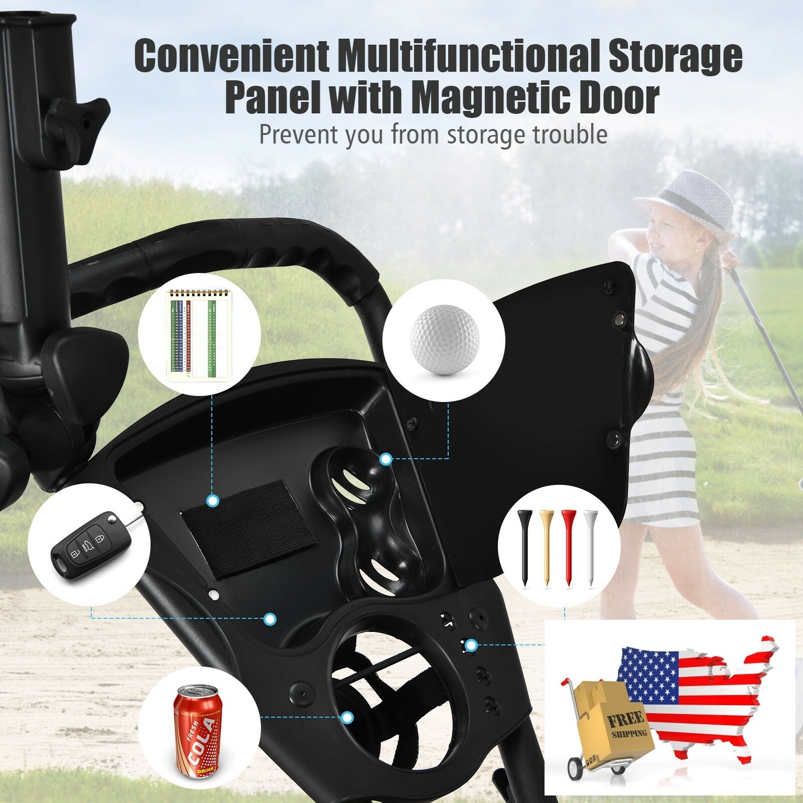 Folding 3 Wheels Golf Push Cart with Bag Scoreboard Adjustable Handle