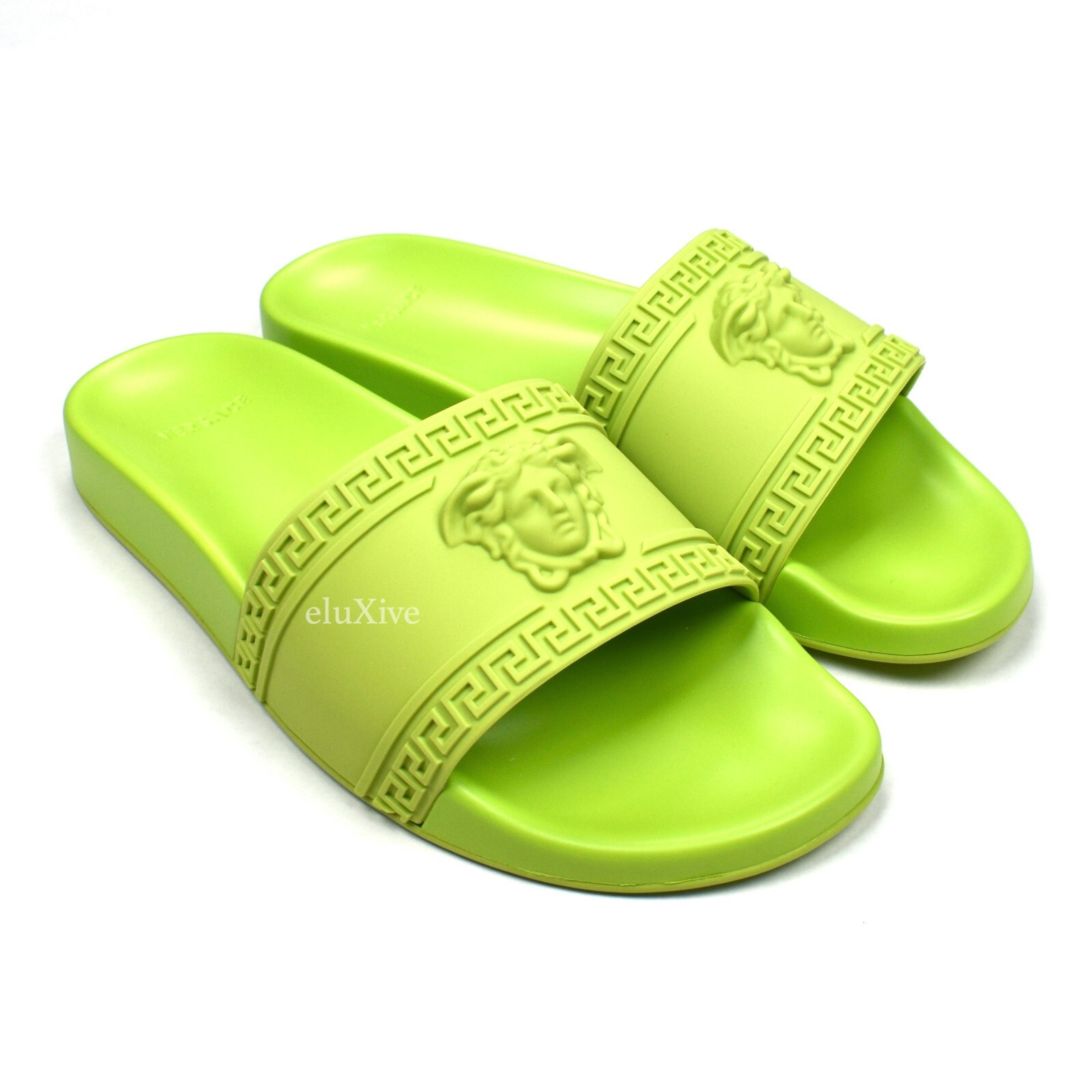 Pre-owned Versace $375  Mens Neon Green Palazzo Medusa Logo Slides Sandals 42 Authentic