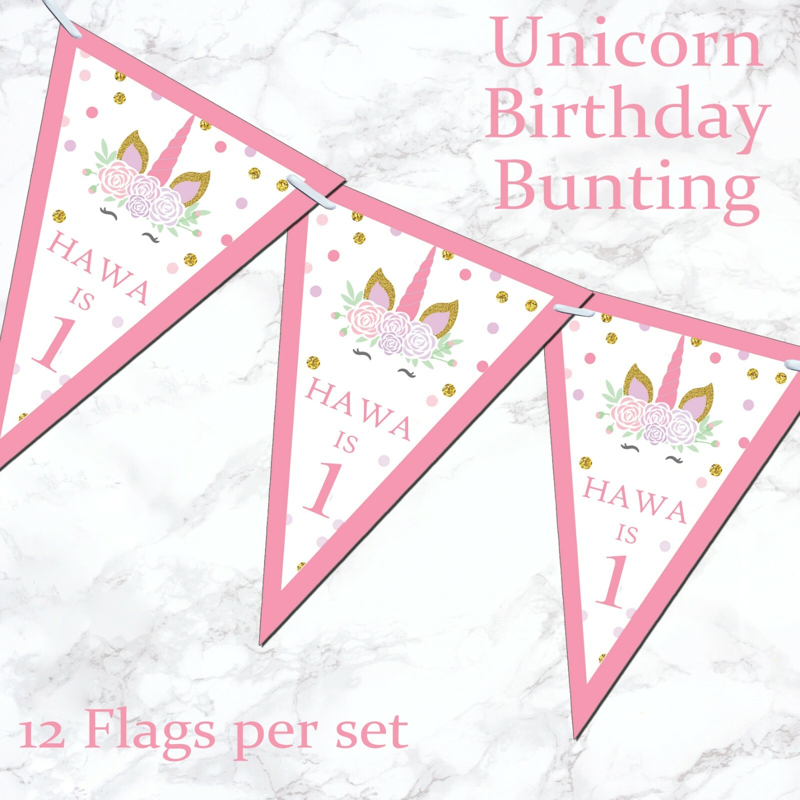 Personalised Pink//Gold Bunting First//1st Birthday Hen Do Shower Polka Dot