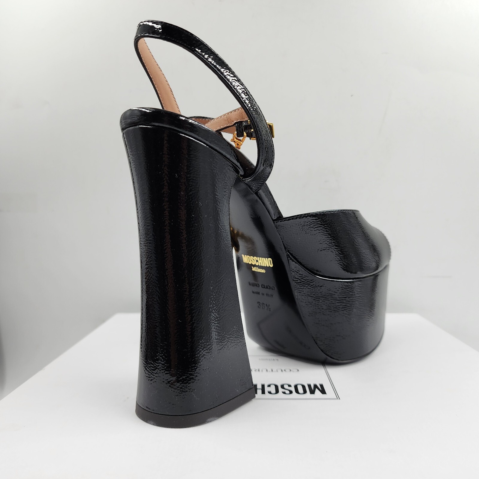 Moschino High Heel Platform Sandal Womens 8.5 Black Buckled Ankle Strap Open Toe - Picture 7 of 13