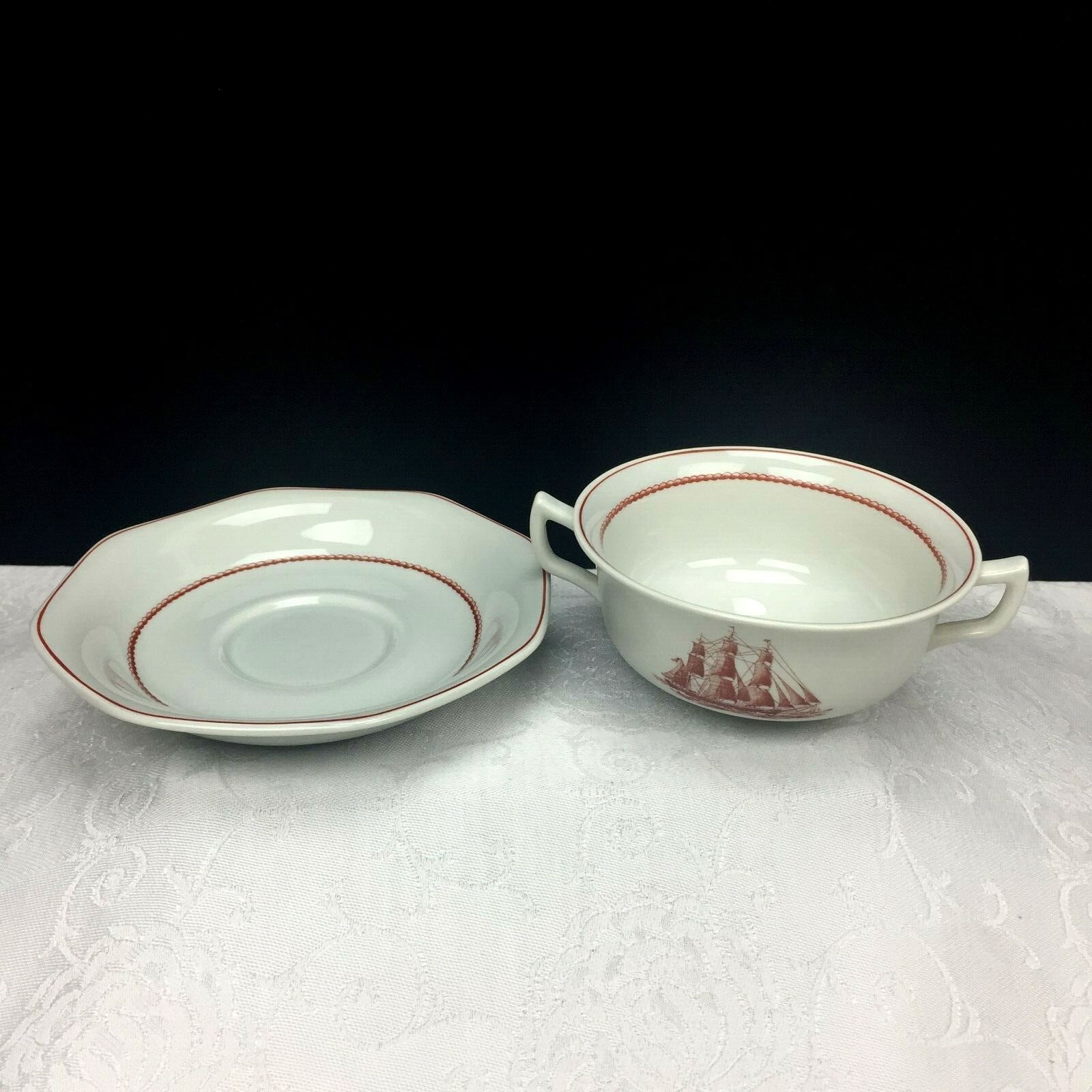 Wedgwood Flying Cloud Rust Cream Soup Bowl & Saucer Set Vintage