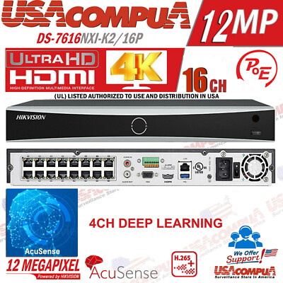 HIKVISION 16CH NVR DS-7616NXI-K2/16P POE 12MP Acusense Network Video Recorder US