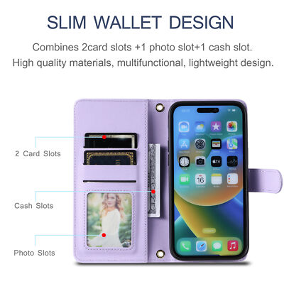 For iPhone 15 Pro Max 14 13 12 11 XR Flip Folio Card Wallet Women Crossbody Case