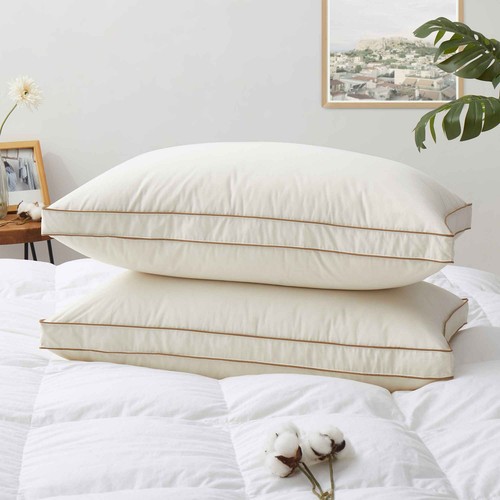 2 Pack Gusset  75% White Down Pillows, 100% Organic Cotton, King Or Queen Pillow