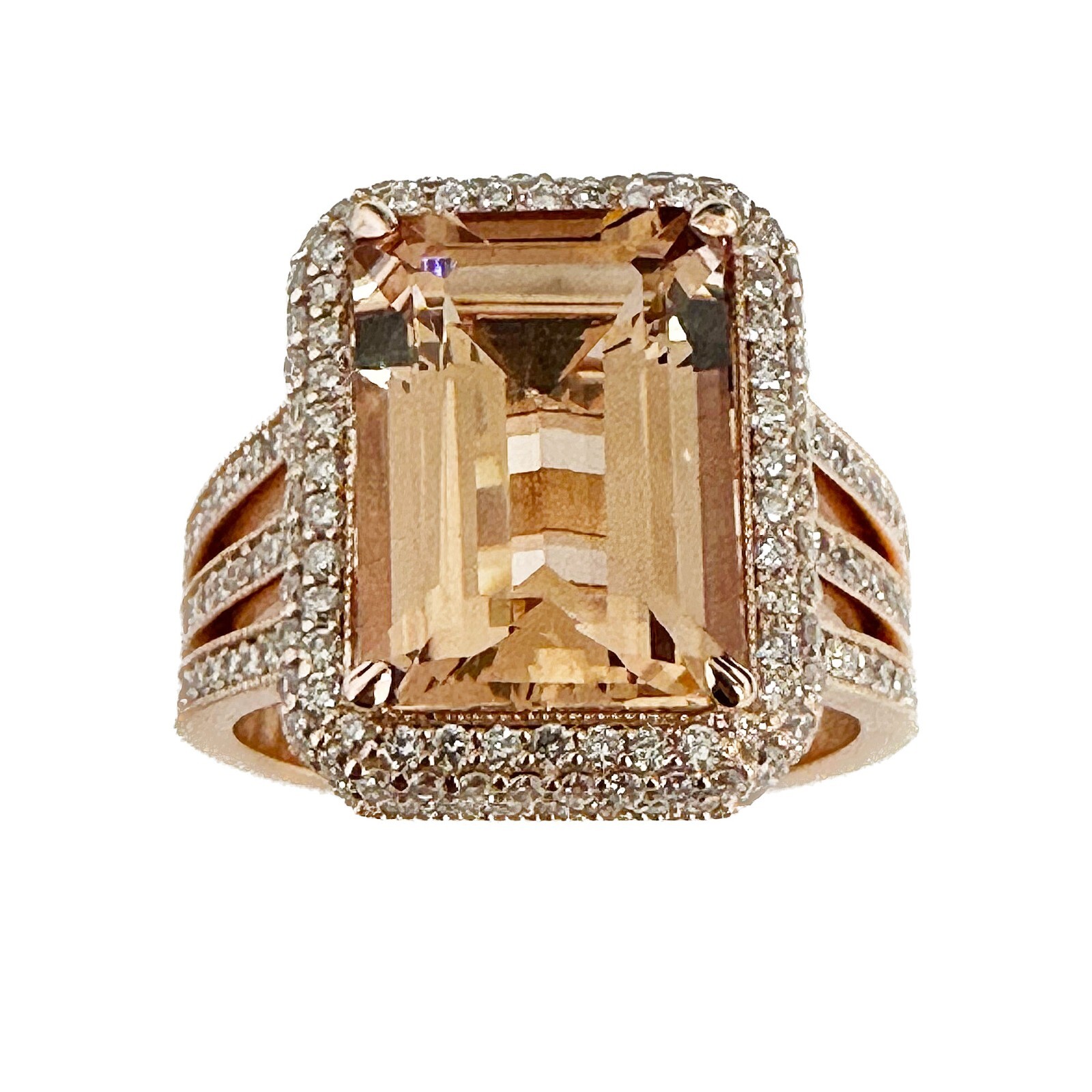 Pre-owned Emerald 14k Solid Rose Gold  Peach Morganite And Natural Round Diamond Ring 8.40 In Pink