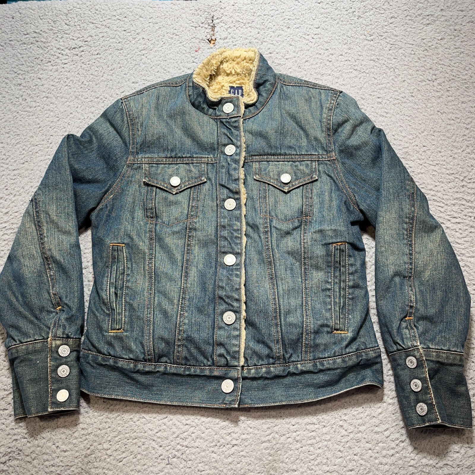 GAP Denim Trucker Jean Jacket Fur Lined Womens XS Blue Cuff