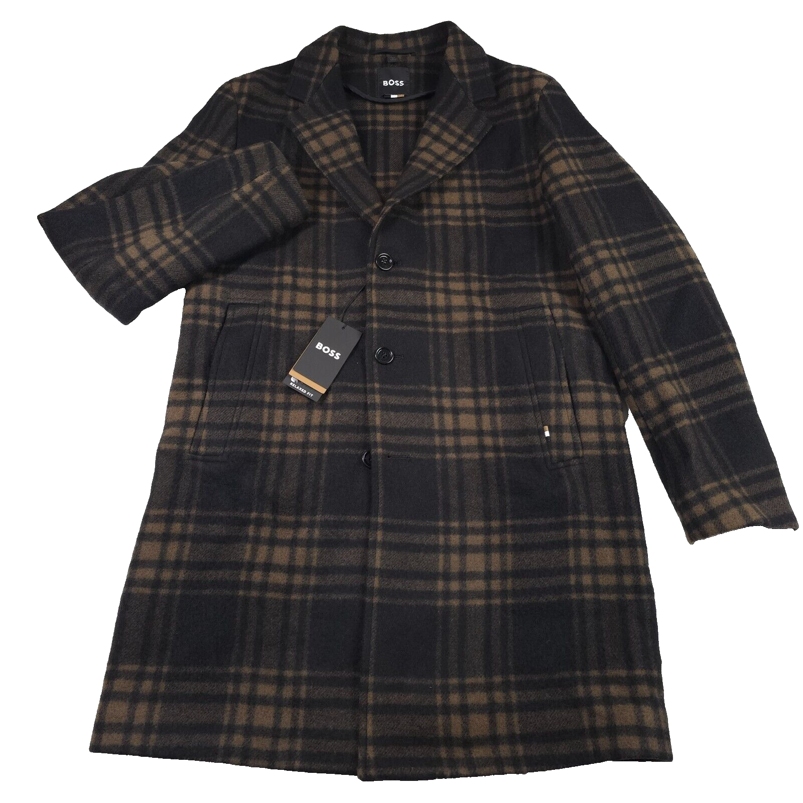 Pre-owned Hugo Boss $795  C-cam-234 Relaxed Fit Black Check Wool Top Coat Mens Size 40r