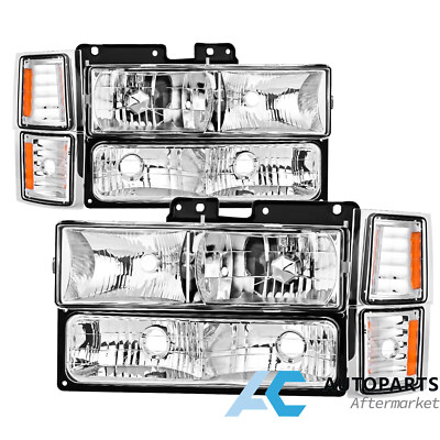 Headlights Assembly 8pcs For 94-98 Chevy Silverado Tahoe C10 C/K 1500 2500 3500