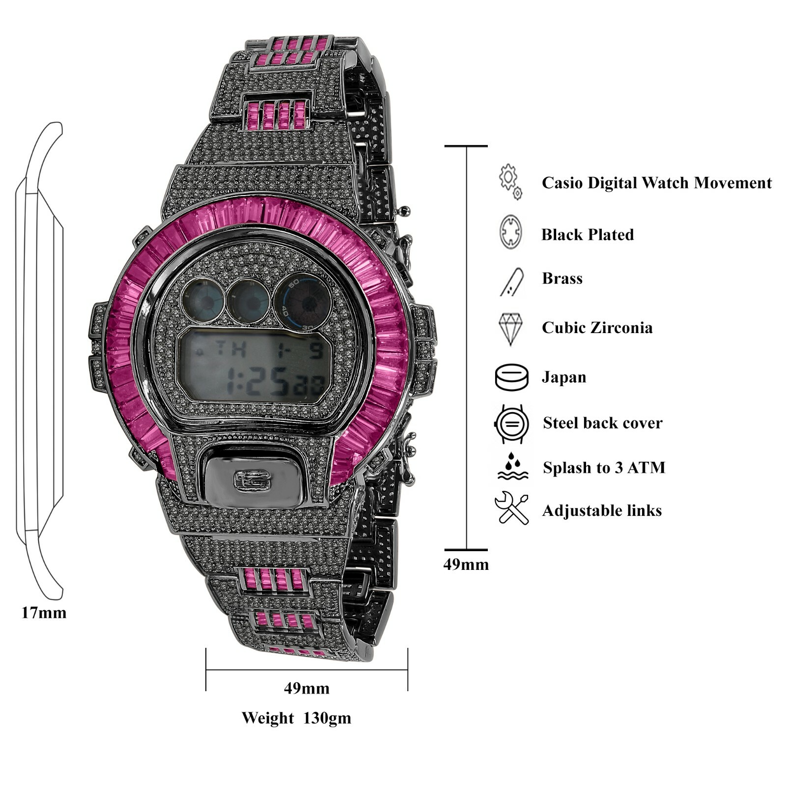 Pre-owned Icy Authentic Baguette Pink Tourmaline Black Gold Casio G-shock Dw-6900 Watch