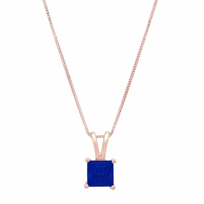 Pre-owned Pucci 1.50 Ct Princess Cut Blue Sapphire Simulated Pendant 18" Chain 14k Rose Gold In Pink