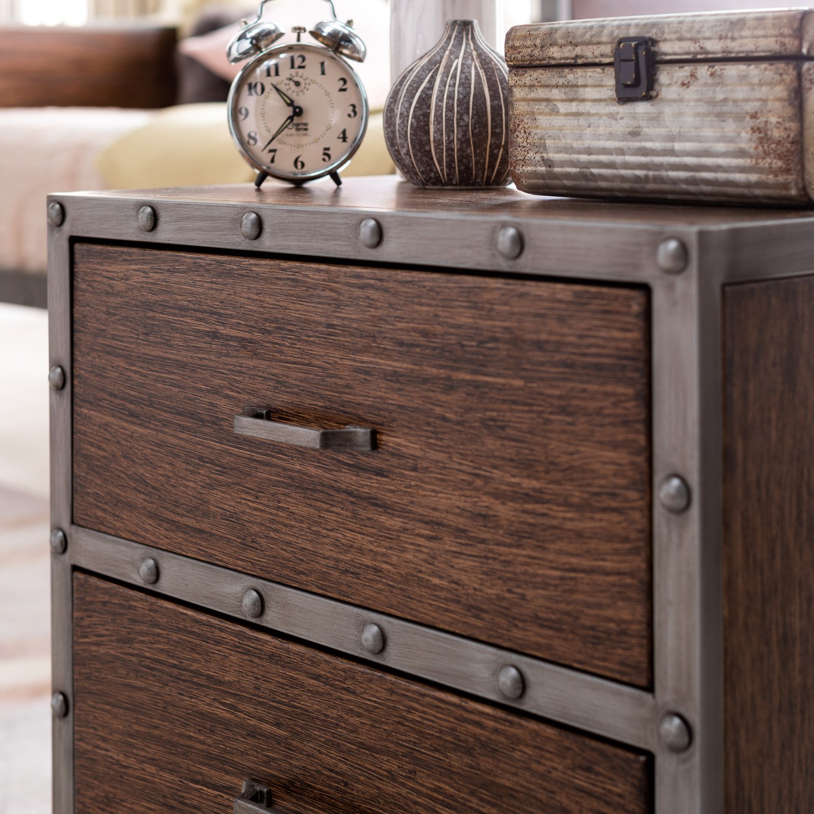 Modern Farmhouse Urban Loft Industrial Gray Brown Wood Metal 2 Drawer Nightstand