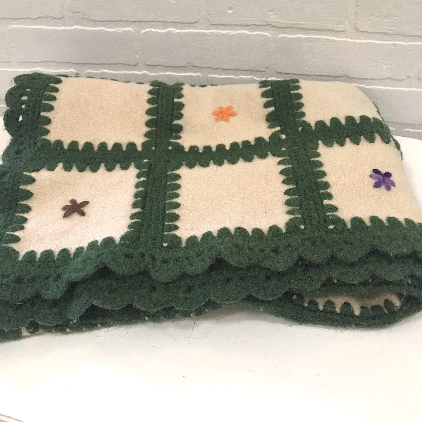 Vintage Hand Crocheted Patchwork Afghan Blanket Throw Wool Cream Green