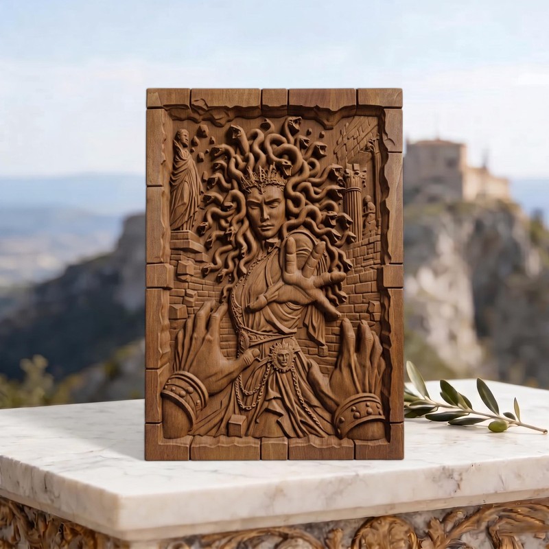 Medusa's Curse from Ancient Greek Mythology Wooden Carving Bas Relief Panel Art