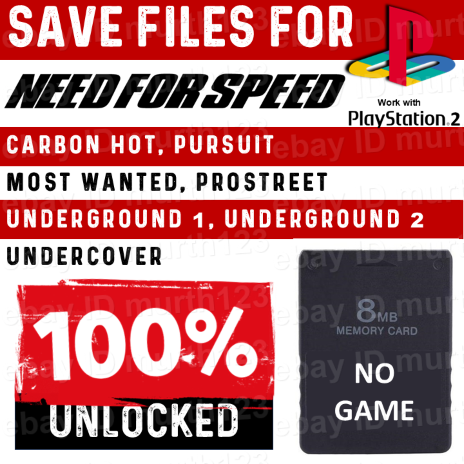 Need For Speed 100% Save Pack 8MB PS2 Memory Card Unlocked Complete 2024