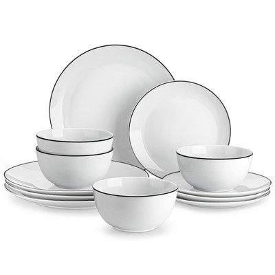 MALACASA Amelia 12-teilig Porzellan Geschirrset Schwarzer Rand Schalen & Platten