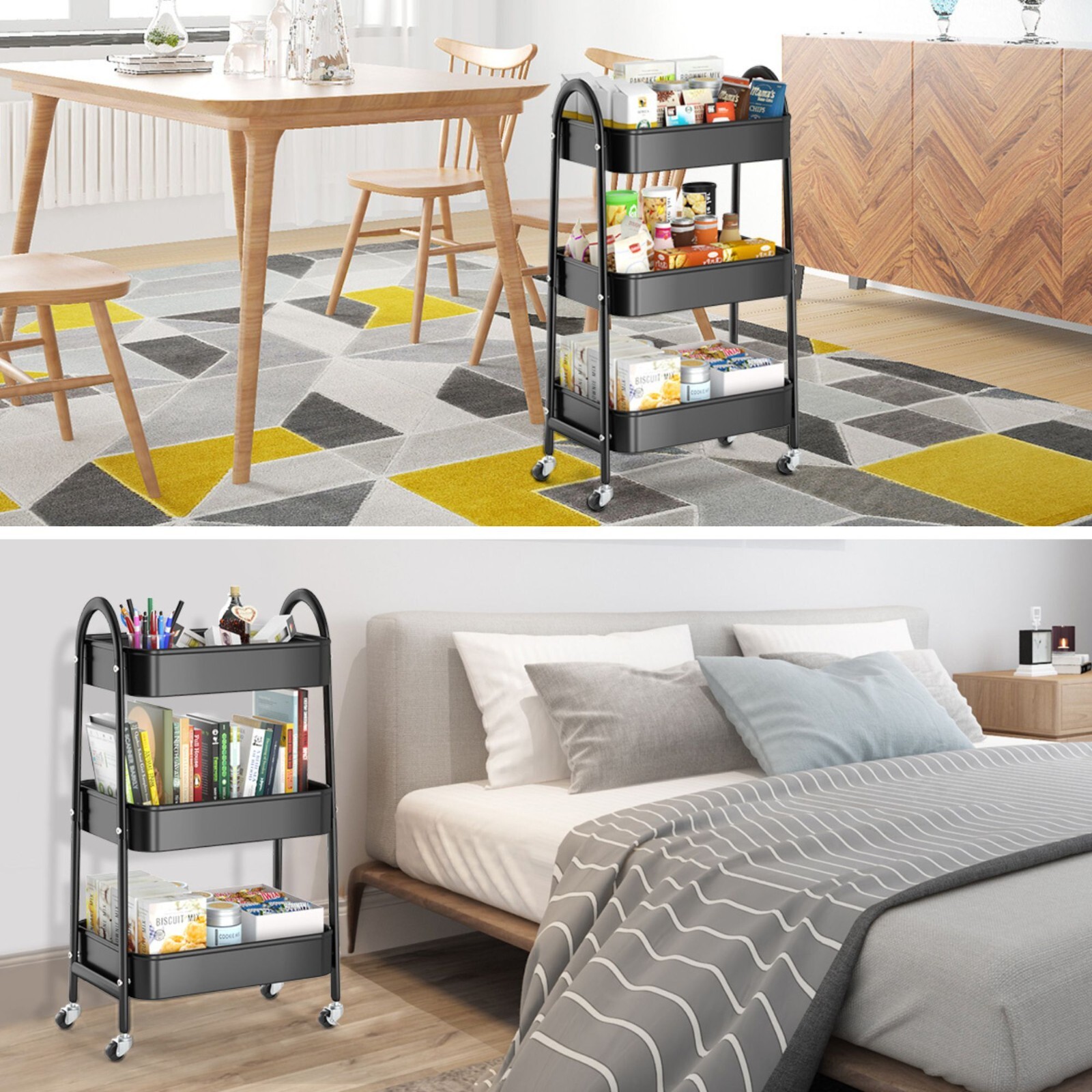 Utility Rolling Cart Metal Storage 3-Tier Kitchen Bedroom Trolley Cart, Black