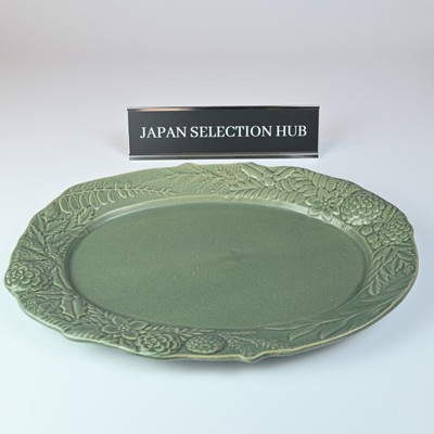 Yoshizawa-gama Green Oval Plate Japan Mashiko Ware Traditional Craft 12''×9''