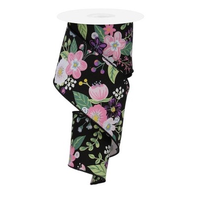 Wired Black Floral Pattern Ribbon 2.5 Inches x 10 Yards for Crafting and Decor