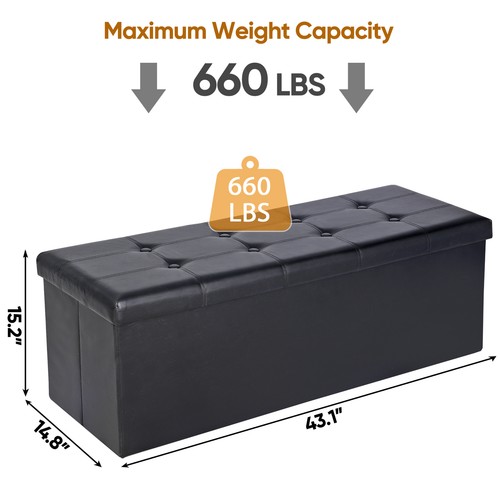 43" Folding Storage Ottoman Bench Faux Leather Footrest Chest with Divider Black