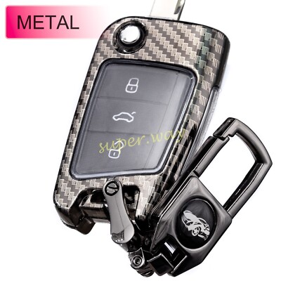 For VW Golf7 Polo6 Tiguan Carbon Fiber Metal Car Flip Key Fob Chain Cover Case