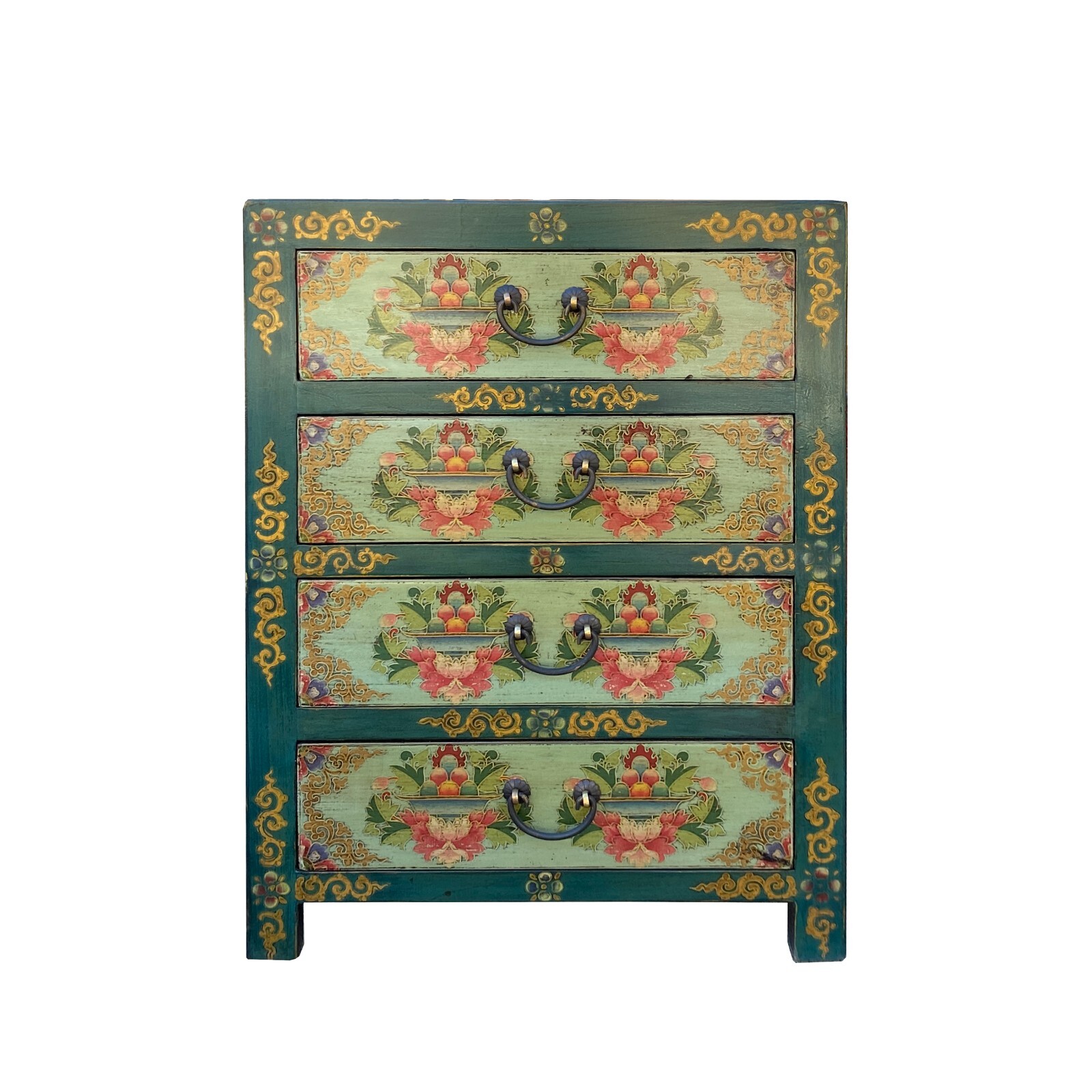 Distressed Teal Green Blue Flowers Graphic 4 Drawers End Table Nightstand cs7357S Distressed Teal Green Blue Flowers Graphic 4 Drawers End Table Nightstand cs7357S