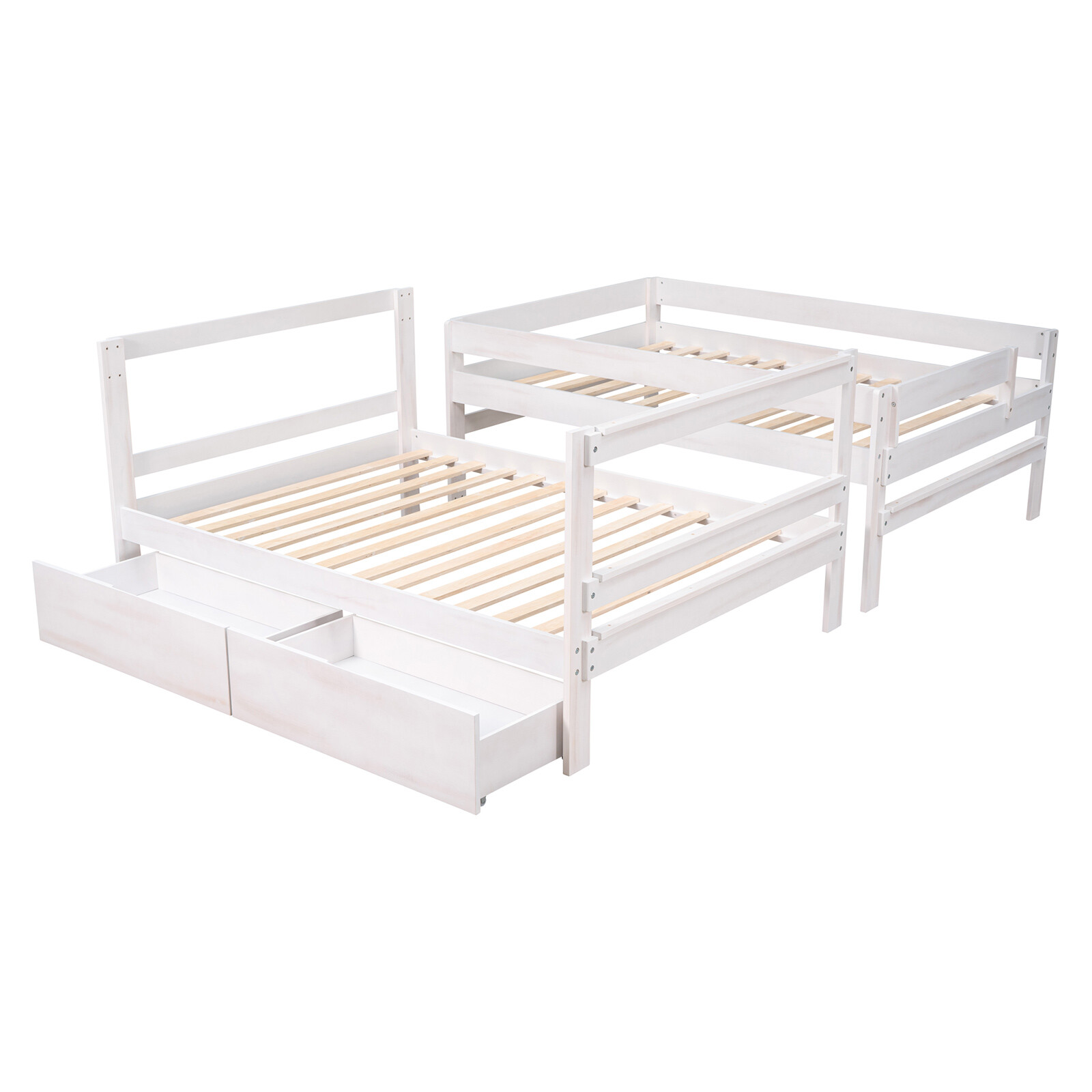 White Convertible Full Over Full Bunk Bed Wooden Frame with Two Storage Drawers