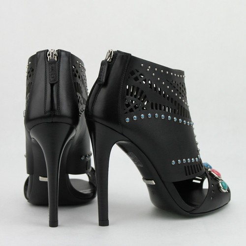 Pre-owned Gucci Women's Black Leather Open Toe W/jewels Zipper Heel Boots 374743 1000