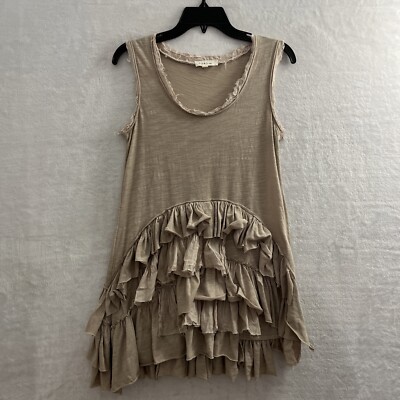 Ciel Womans Blouse Top Beige Medium Solid Ruffled Sleeveless Round Neck Pullover