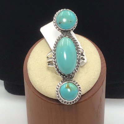 Sterling Silver Turquoise Ring Three Stones 10.6 Gms Size 7.5 New 1.75 