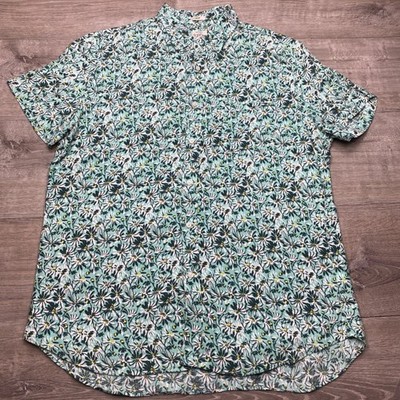 J. Crew Button Down Mens XL Teal Floral 100% Linen Slim Fit Short Sleeve Summer