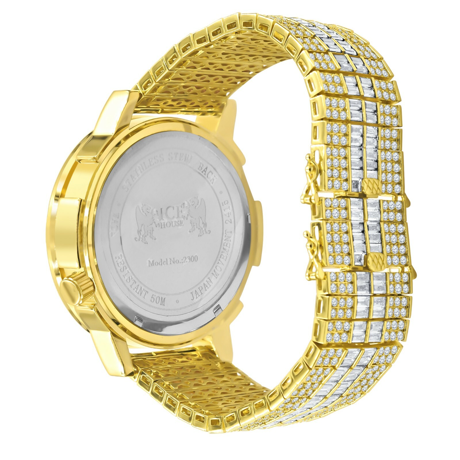 Pre-owned Ice Master Men's Genuine Diamond Gold Tone 2 Time Zone Chronograph Baguette Dial Band Watch