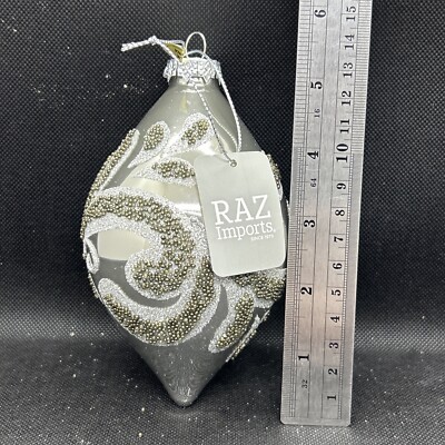 Raz Imports 5  Teardrop Beaded Scroll Glass Ornament NEW With Tag