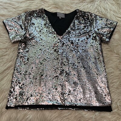 Anthropologie Vanessa Virginia Short Sleeve Sequin Top Shirt V-neck Lined Size M