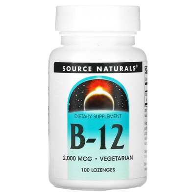 Source Naturals B-12 2 000 мкг 100 пастилок Без молочных продуктов, без яиц, без глютена,