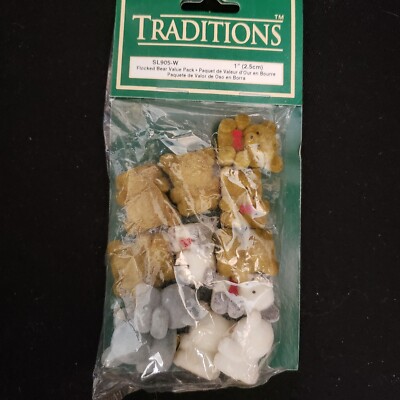 12 Vintage Mini Flocked Teddy Bears Brown White Gray Velvet Figures 1 Inch Tall