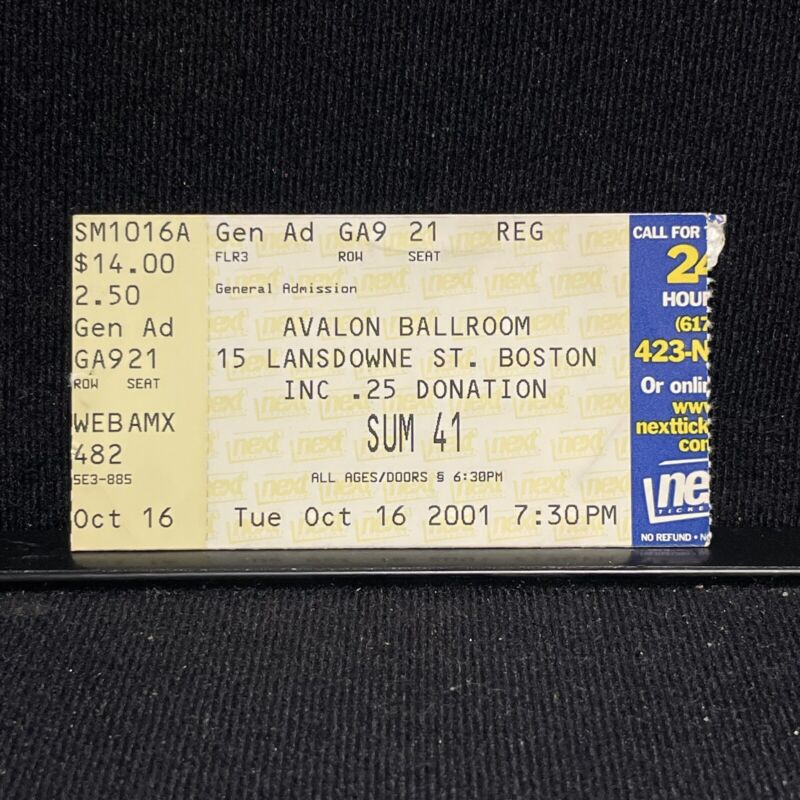 Sum 41 Avalon Ballroom Concert Ticket Stub Vintage Pre Owned October 16 2001