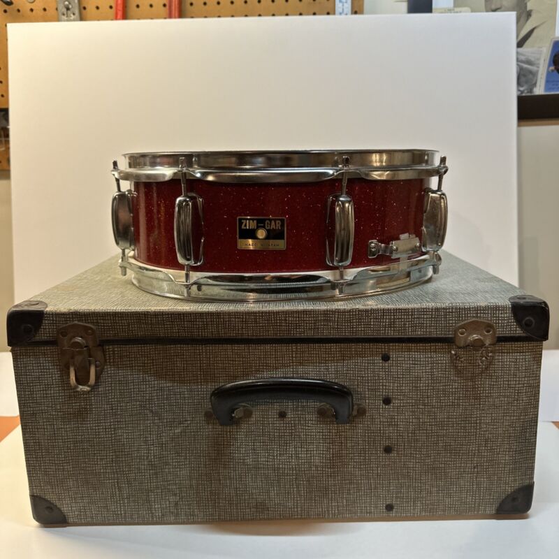 Vintage Zim-Gar Red Sparkle Snare Drum With Case Stands Sticks Brushes Key Japan