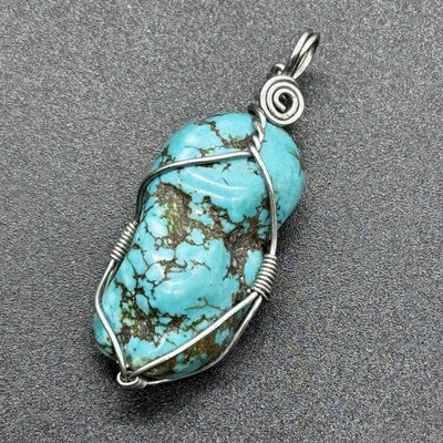 VTG Sterling Silver HANDMADE Turquoise Wire Wrapped Necklace Pendant 18g