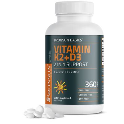 Bronson Vitamin K2 MK7 with D3 2 in 1 Support Non-GMO, 360 Tablets
