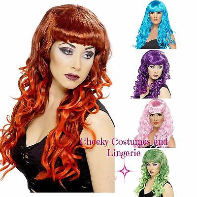 Wig Blue, Purple, Green, Pink, Red  Long, Wavy, Fringe Siren Star Diva Witch