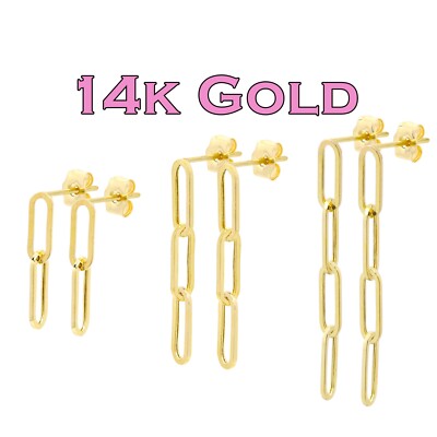 Real Gold Dangle Paperclip Earring 14k Yellow Gold Paperclip Earrings