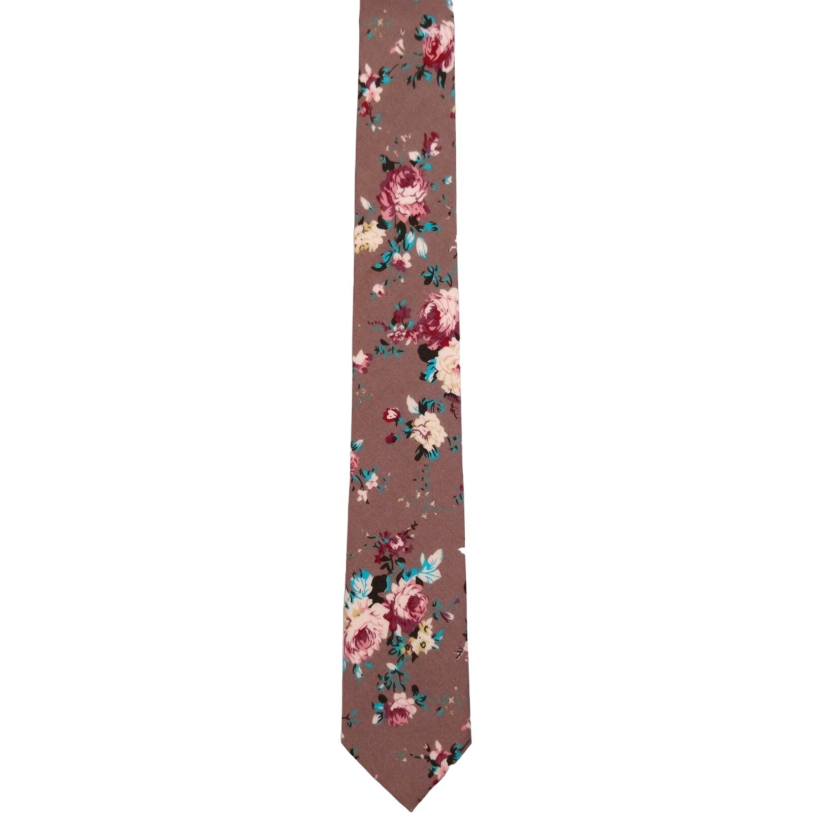 ELZAMA Mens Slim Floral Tie Taupe Brown 100% Cotton 2.25 Summer Fashion Necktie - second product detail image