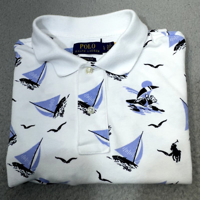 Ralph Lauren Polo Shirt Men Large White Bear Windsurf Sail Logo AOP Pony Preppy