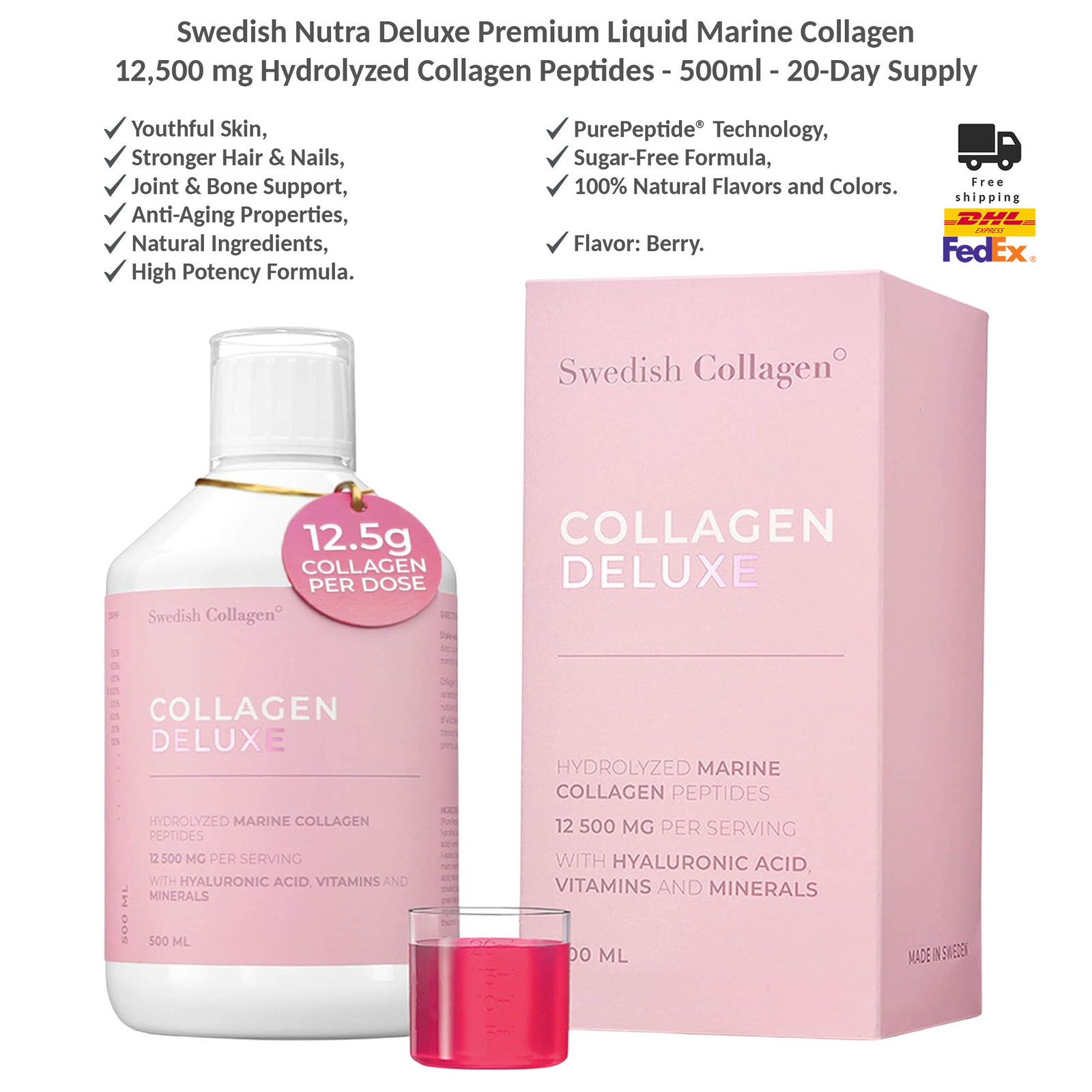 Swedish Nutra Deluxe Premium Liquid Marine Collagen 12,500 mg - 500ml