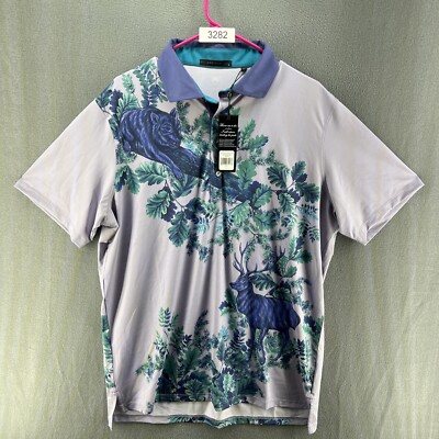 Greyson Enchanted Forest Wolf Buck Print Golf Polo Wicking Size L