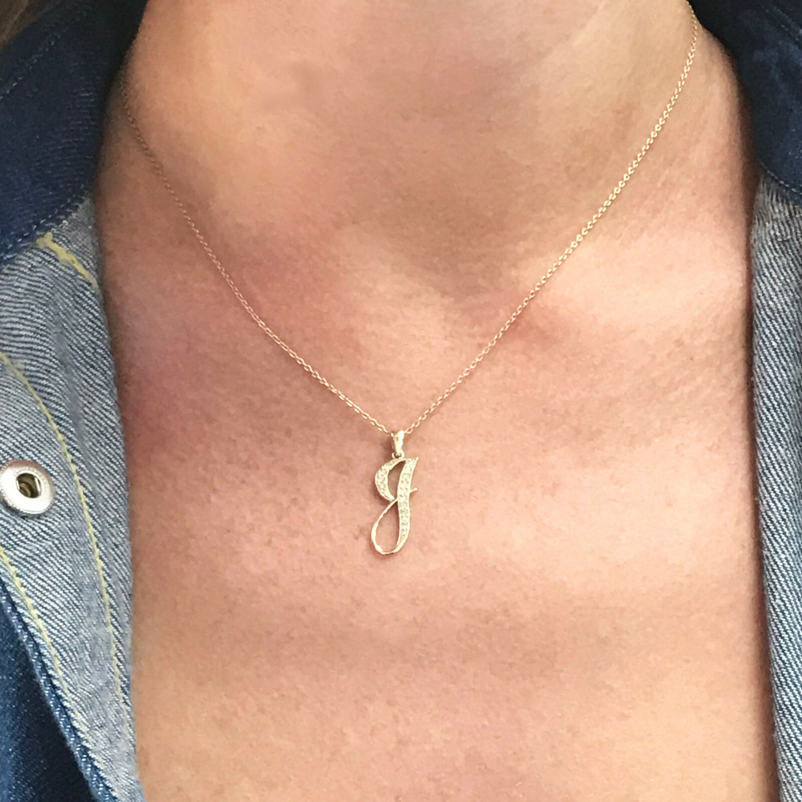 Pre-owned Jewelry By Arsa 0.1 Ct Natural Diamond Solid 14k Yellow Gold Letter J Initial Drop Pendant 24 Mm In G-h