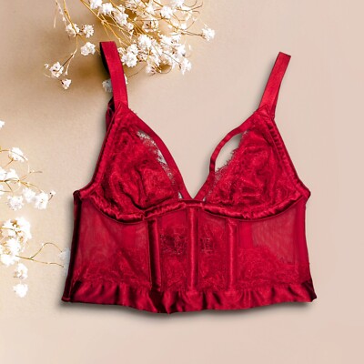 VICTORIA'S SECRET Very Sexy Mesh Lace Red Bustier Corset Bra Lightly Boned Sz XS