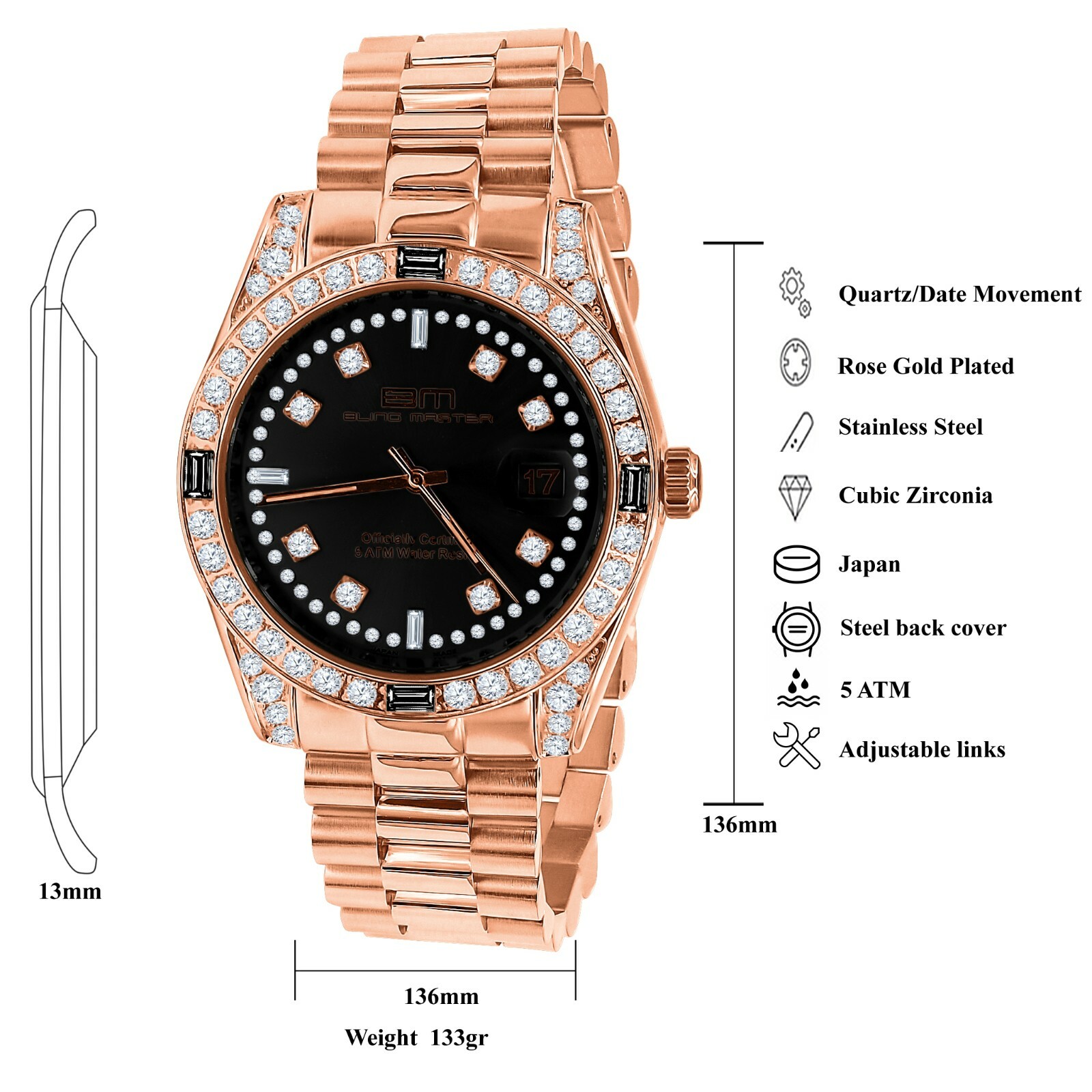 Pre-owned Bling Master - Majesty 18k Rose Gold Solid Steel Black Dial Simulated Diamond Mens President Watch 40mm
